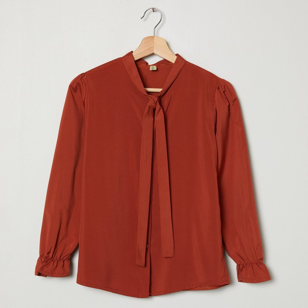 Vtg 70s Rust Tie Neck Blouse S